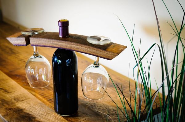 Wine barrel stave Balance Bottle & Wine Glass Holder